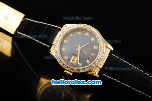 Rolex Datejust Automatic Movement ETA Coating Case with Diamond Bezel-Black Leather Strap - Click Image to Close